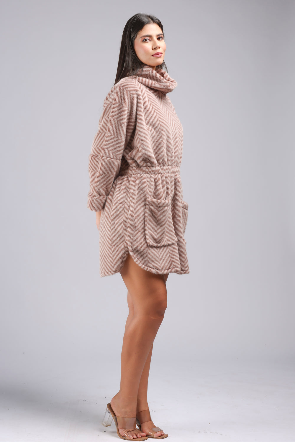 The Ladies Woven Mid Fur Jacket in Caramel (POWM-4752)