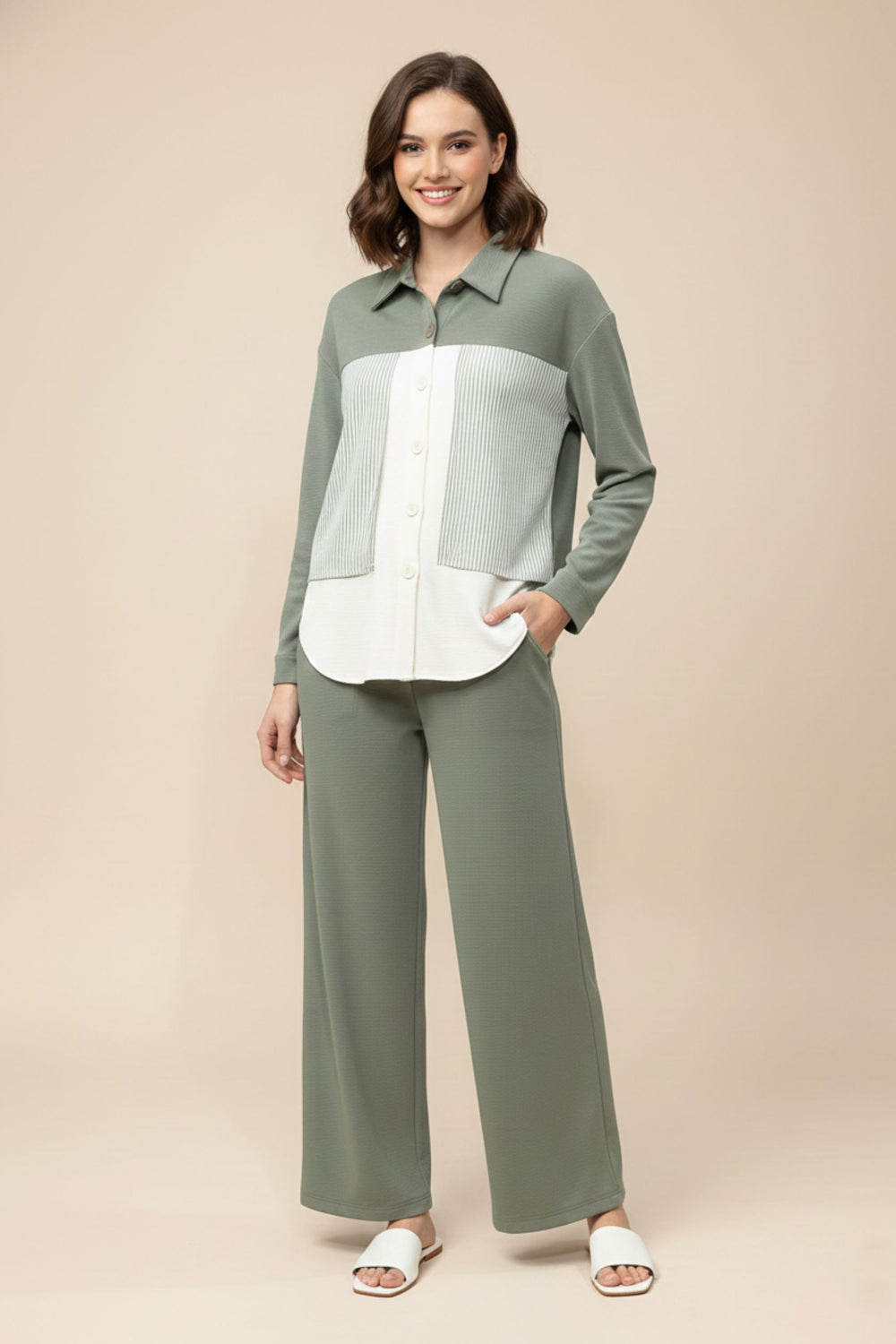 Moss Green Waffle Knit Cord Set (PWM-25501)